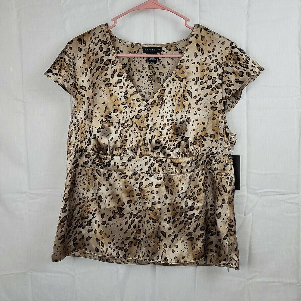 Rafaella Womens‎ Beige Black Short Sleeve V Neck Pullover Blouse Top Size 14